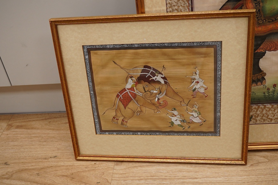 Indian School, Elephant hunting, pair of gouaches together with a similar study of an elephant, largest 49 x 57cm